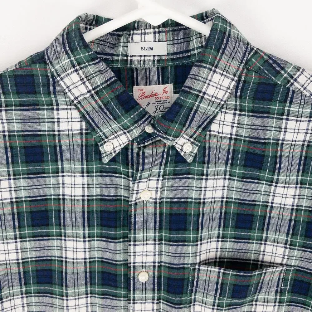 J.Crew Men’s Medium Slim Plaid Button Up Shirt Organic Cotton Broken-In Oxford